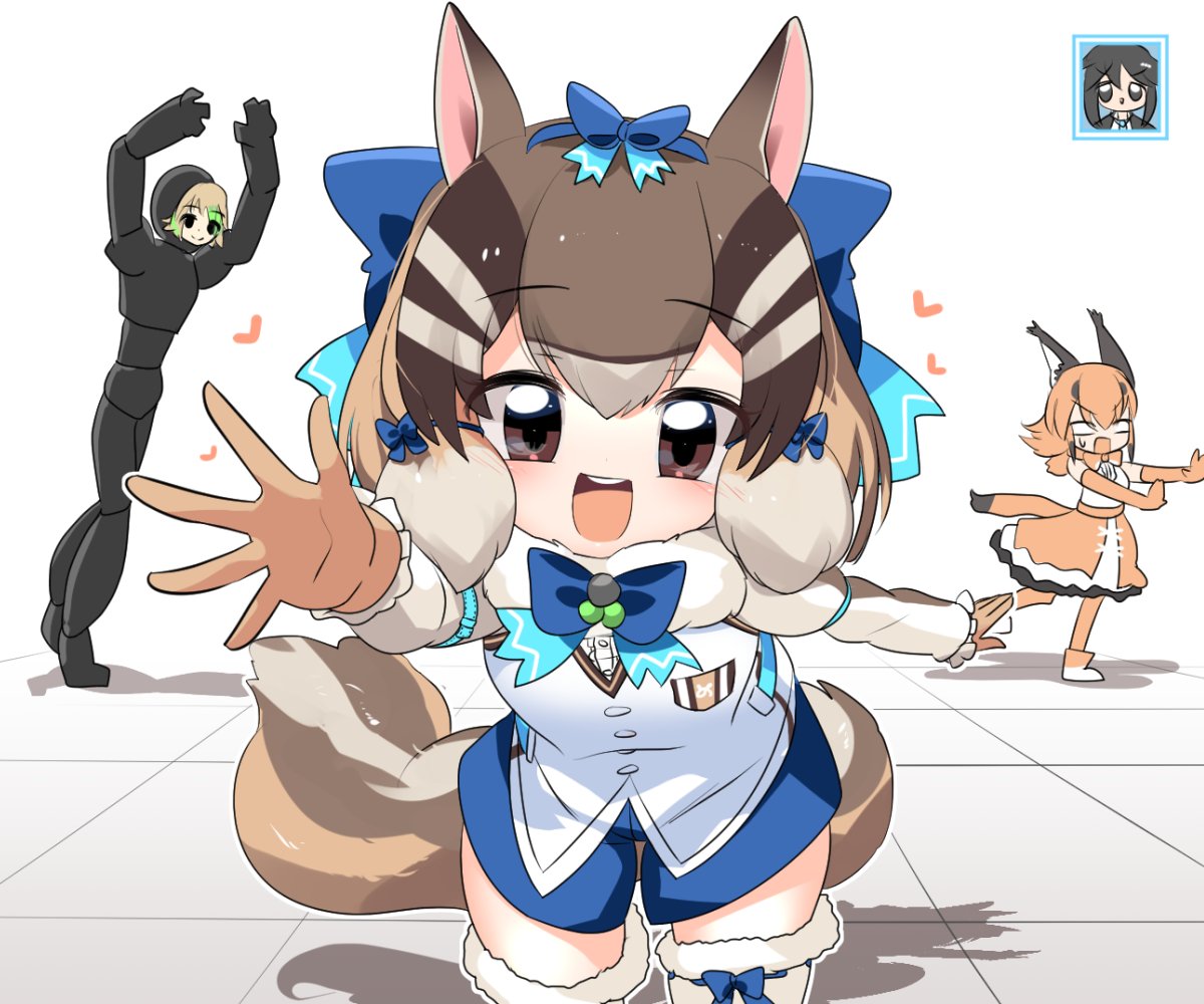 animal_ears, black_eyes, black_hair, bow, bowtie, brown_eyes, brown_hair, caracal_(kemono_friends), cat_ears, cat_girl, cat_tail, chipmunk_ears, chipmunk_girl, chipmunk_tail, elbow_gloves, extra_ears, gloves, heart, kemono_friends, kemono_friends_v_project, kneehighs, lets0020, long_hair, looking_at_viewer, microphone, mokuroku, nemui_kasuka, nijisanji, orange_hair, ribbon, shirt, shoes, short_hair, shorts, siberian_chipmunk_(kemono_friends), simple_background, skirt, sleeveless, sleeveless_shirt, socks, sorahoshi_kirame, tail, vest, virtual_youtuber