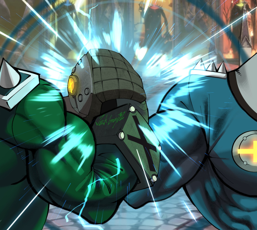 2boys, clone, green_jacket, guilty_gear, guilty_gear_strive, guilty_gear_xrd, highres, jack_gray32, jacket, long_sleeves, male_focus, multiple_boys, muscular, muscular_male, potemkin_(guilty_gear)