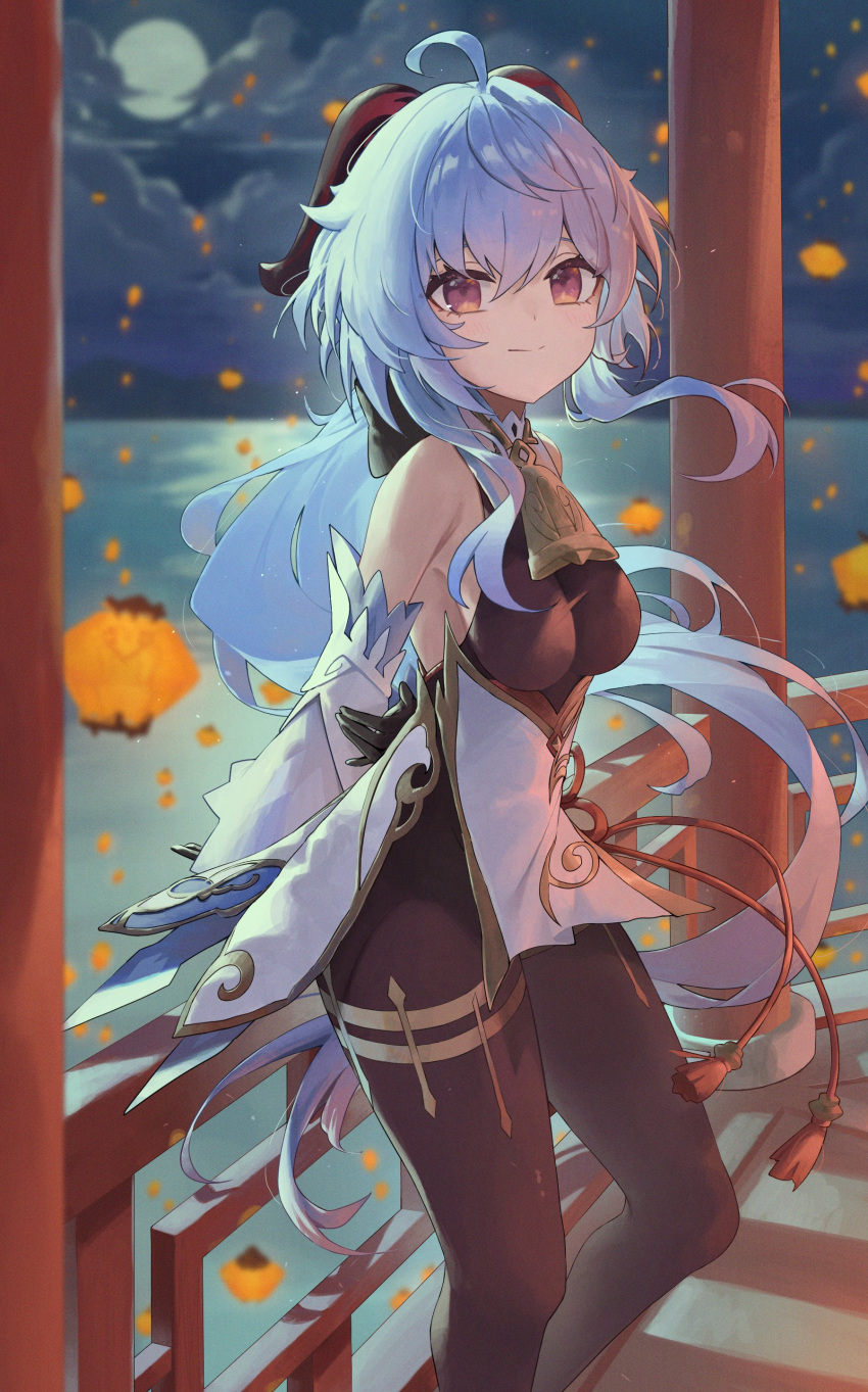 1girl, absurdres, ahoge, bare_shoulders, bell, black_pantyhose, blue_hair, breasts