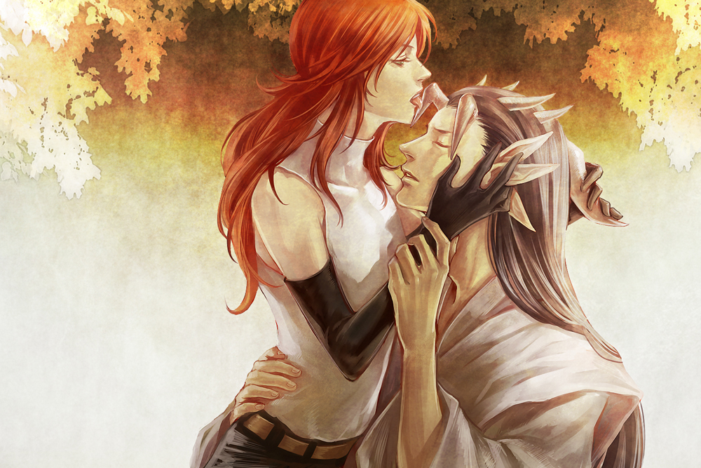 extra_ears, hornjob, horns, kurama, licking, long_hair, male, multiple_boys