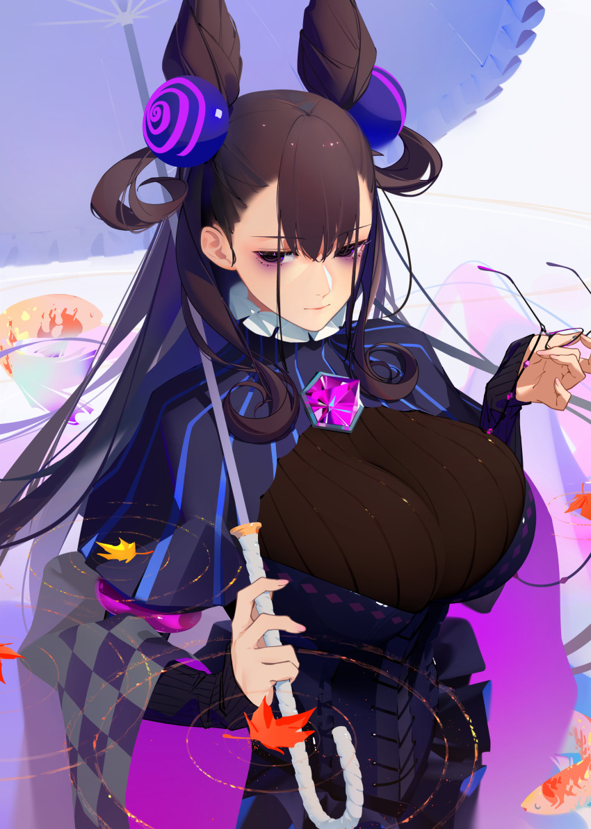 1girl, absurdres, autumn_leaves, bags_under_eyes, black_dress, breasts, brown_hair, cone_hair_bun