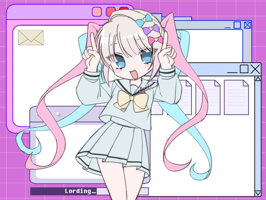 1girl, :d, blonde_hair, blue_bow, blue_eyes, blue_hair, blue_shirt, blue_skirt