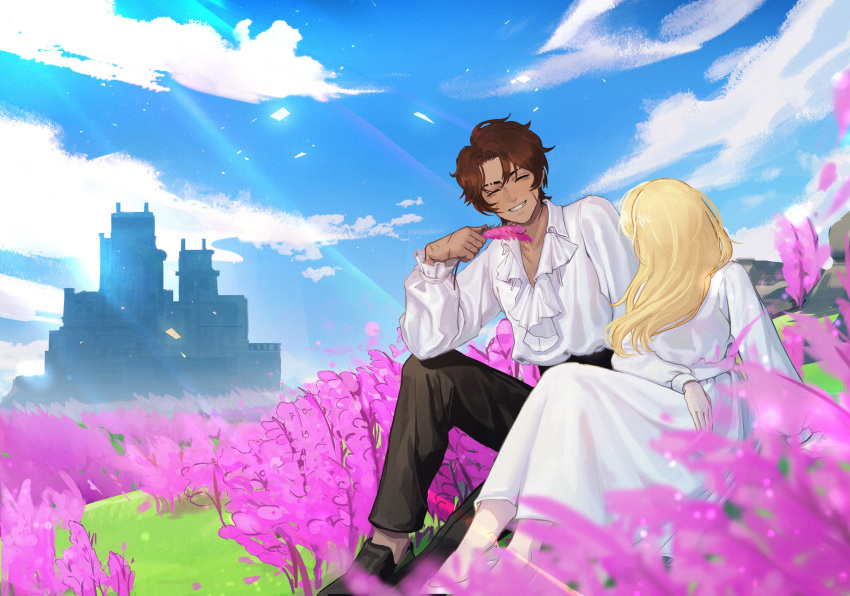 1boy, 1girl, absurdres, arm_support, black_footwear, black_pants, blonde_hair, blue_sky
