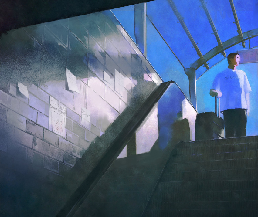 1boy, airport, black_hair, black_pants, blue_theme, buzz_cut, cyanpears, english_text, escalator, feet_out_of_frame, highres, holding_luggage, indoors, male_focus, pants, rolling_suitcase, sawakita_eiji, shirt, short_hair, slam_dunk_(series), solo, suitcase, undercut, very_short_hair, white_shirt