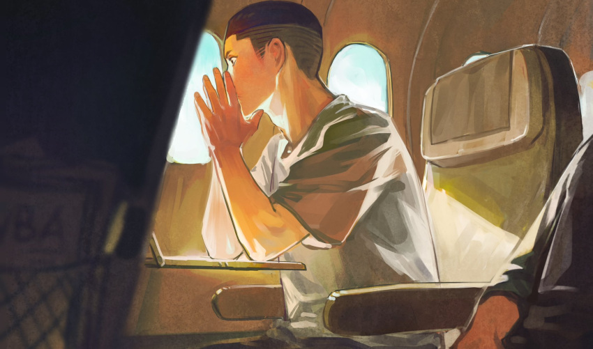 1boy, airplane_interior, black_eyes, black_hair, buzz_cut, cyanpears, hands_on_own_face, highres, looking_outside, male_focus, own_hands_clasped, own_hands_together, sawakita_eiji, shirt, short_hair, sitting, slam_dunk_(series), solo, sunlight, undercut, upper_body, very_short_hair, white_shirt, window