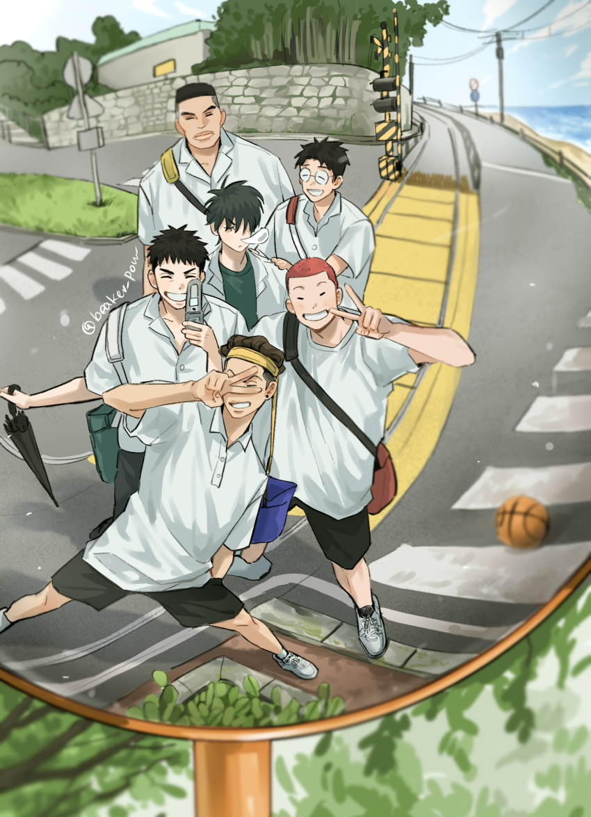 6+boys, akagi_takenori, ball, basketball_(object), beaker_pour, black_hair, black_shorts, black_umbrella