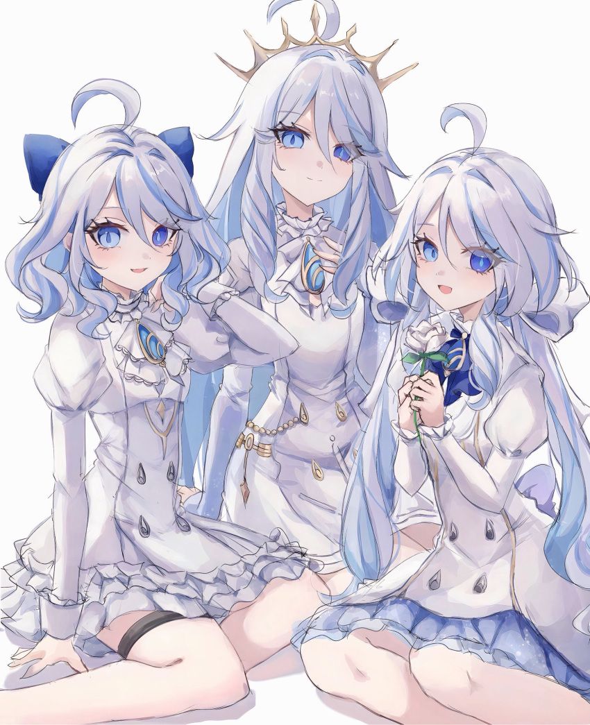 3girls, ascot, blue_ascot, blue_eyes, blue_hair, blue_skirt, bow, closed_mouth