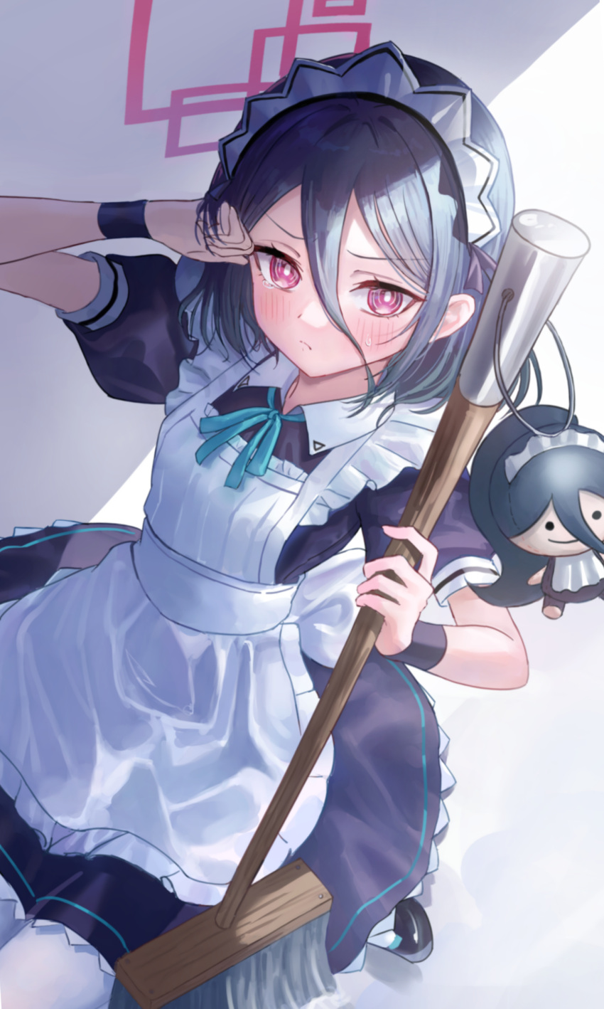 <key>_(blue_archive), 1girl, apron, aris_(blue_archive), aris_(maid)_(blue_archive), black_dress, black_hair, black_wristband