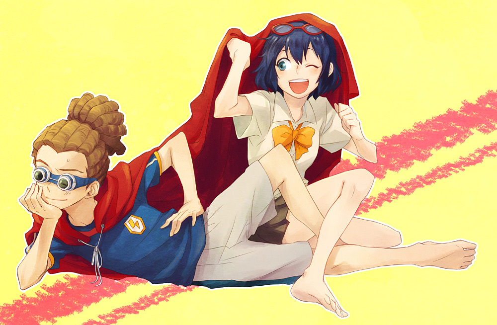 barefoot, blue_hair, brother_and_sister, brown_hair, cape, cover, goggles, hairlocs