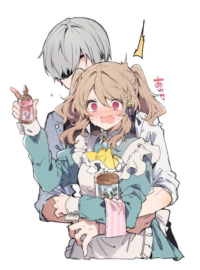 1boy, 1girl, @_@, apron, black_vest, blue_dress, blush, braid