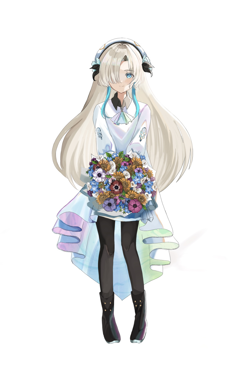 1girl, absurdres, ascot, beret, black_footwear, black_pantyhose, blonde_hair, blue_eyes, blue_hair, boots, bouquet, closed_mouth, collared_dress, dress, flower, full_body, hair_flower, hair_ornament, hair_over_one_eye, hat, high-low_skirt, highres, holding, holding_bouquet, iridescent, isekai_joucho, kamitsubaki_studio, long_hair, long_sleeves, looking_at_viewer, ming_(mei), multicolored_hair, one_eye_covered, pantyhose, simple_background, smile, solo, standing, streaked_hair, v_arms, virtual_youtuber, white_background, white_dress, white_headwear
