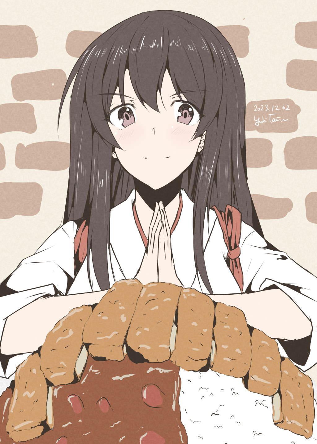 1girl, akagi_(kancolle), blush, bowl, brown_eyes, brown_hair, curry, curry_rice