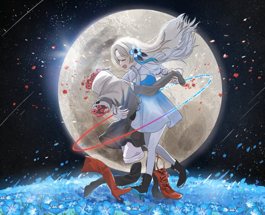 1girl, blue_dress, blue_flower, blue_hair, closed_eyes, clothes, coat, commentary_request, dancing, dress, falling_petals, field, floating_hair, flower, flower_field, full_moon, gradient_dress, grey_coat, hair_flower, hair_ornament, highres, holding, holding_clothes, isekai_joucho, juliet_sleeves, kamitsubaki_studio, long_sleeves, ming_(mei), moon, multicolored_hair, open_mouth, pantyhose, petals, puffy_sleeves, red_flower, shooting_star, short_dress, shrug_(clothing), sky, smile, solo, star_(sky), starry_sky, streaked_hair, turtleneck, virtual_youtuber, waltz_(dance), white_dress, white_pantyhose, white_sleeves