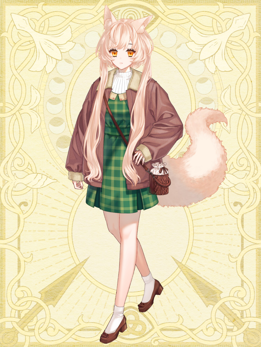 1girl, animal_ears, arm_at_side, bag, blonde_hair, brown_coat, brown_footwear, chain_paradox