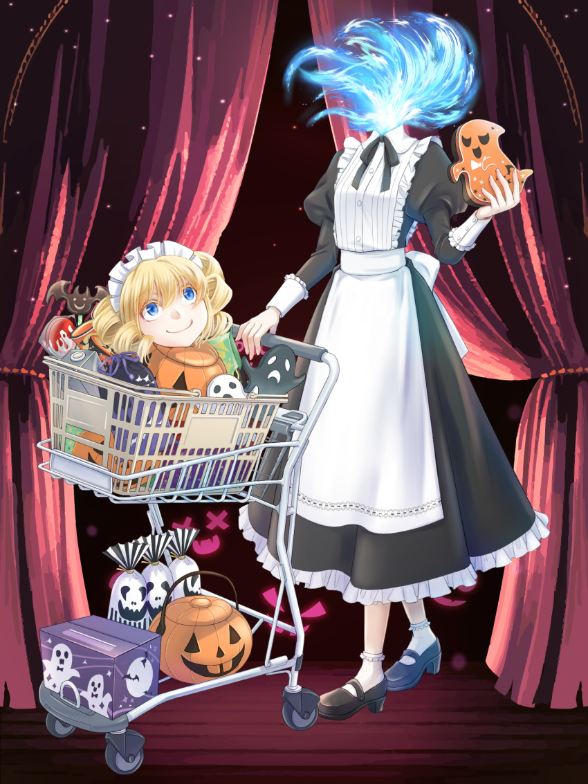 1girl, alpaca_connect, apron, black_dress, black_footwear, black_ribbon, blonde_hair, blue_eyes, blue_fire, box, closed_mouth, commission, curtains, disembodied_head, dress, drill_hair, dullahan, fire, frilled_apron, frilled_socks, frills, full_body, ghost, gift_bag, hair_between_eyes, halloween, halloween_bucket, headless, highres, holding, juliet_sleeves, long_hair, long_sleeves, looking_up, maid, maid_apron, maid_headdress, mary_janes, mochizuki_sora, neck_ribbon, official_art, peter_pan_collar, puffy_sleeves, ribbon, shoes, shopping_cart, sleeve_cuffs, smile, socks, solo, stage_curtains, standing, twin_drills, white_apron, white_socks