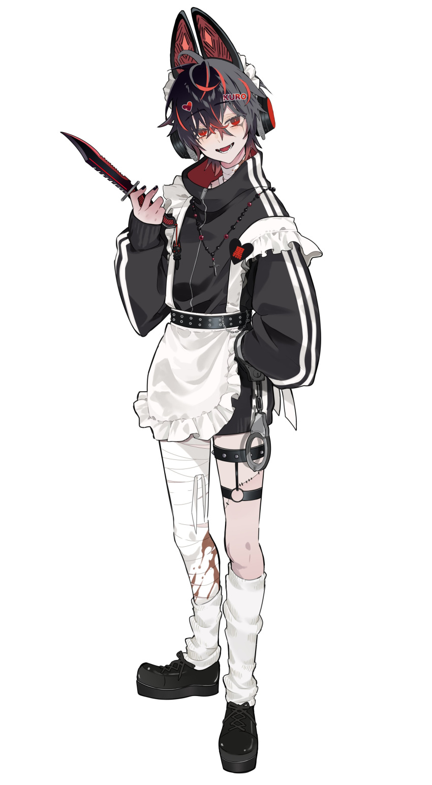 1boy, absurdres, alternate_costume, animal_ears, apron, bandaged_leg, bandaged_neck, bandages