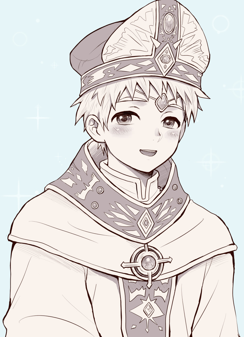1boy, absurdres, blue_background, blush, child, commentary_request, crave_saga, forehead_jewel