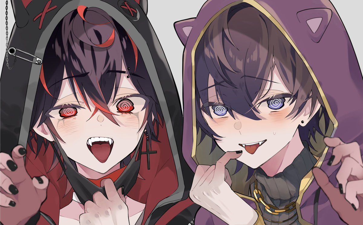 2boys, @_@, animal_ear_hood, animal_hood, black_hair, black_hoodie, black_mask, black_nails