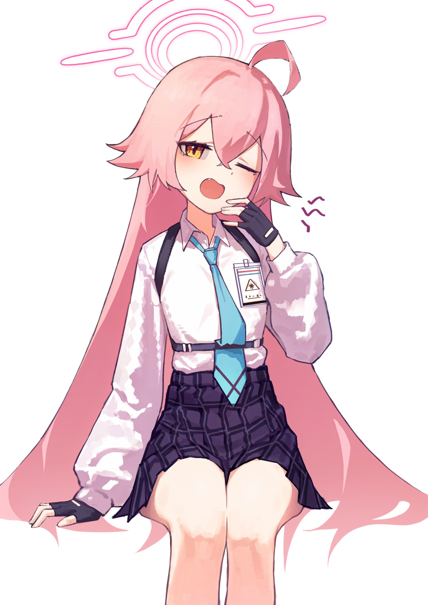 1girl, absurdres, ahoge, black_gloves, black_skirt, blue_archive, blue_necktie, blush