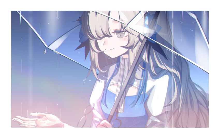 1girl, abyssitanuki, blue_dress, blue_flower, blue_hair, border, closed_mouth, commentary, dress, english_commentary, flower, gradient_background, grey_hair, hair_flower, hair_ornament, half-closed_eyes, hand_up, highres, holding, holding_umbrella, isekai_joucho, juliet_sleeves, kamitsubaki_studio, light_blush, long_hair, long_sleeves, looking_down, multicolored_hair, puffy_sleeves, rain, shrug_(clothing), smile, solo, streaked_hair, transparent, transparent_umbrella, umbrella, umbrella_over_shoulder, upper_body, virtual_youtuber, wet, white_border, white_sleeves