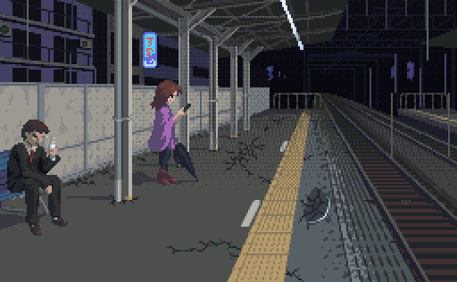 1boy, 1girl, animated, animated_gif, bench, black_hair, brown_footwear, brown_hair