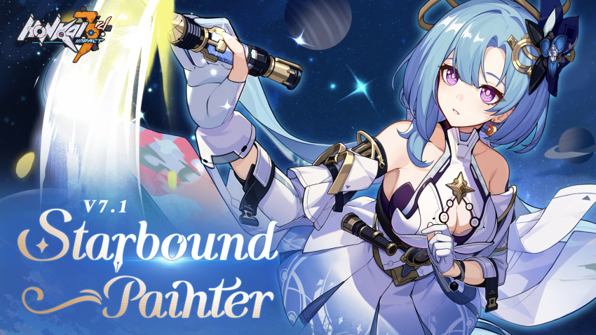 1girl, bare_shoulders, blue_hair, breasts, cleavage_cutout, clothing_cutout, copyright_name, crescent