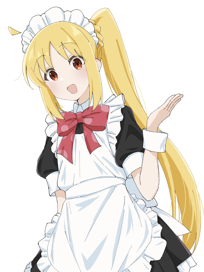 1girl, :d, ahoge, alternate_costume, apron, arm_at_side, black_dress, blonde_hair