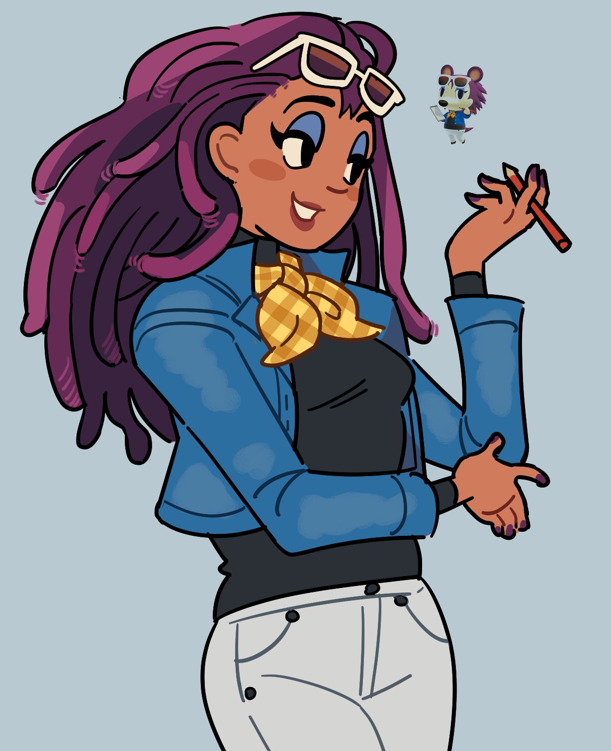 1girl, animal_crossing, ascot, black_eyes, black_shirt, blue_eyeshadow, braid, colored_pencil