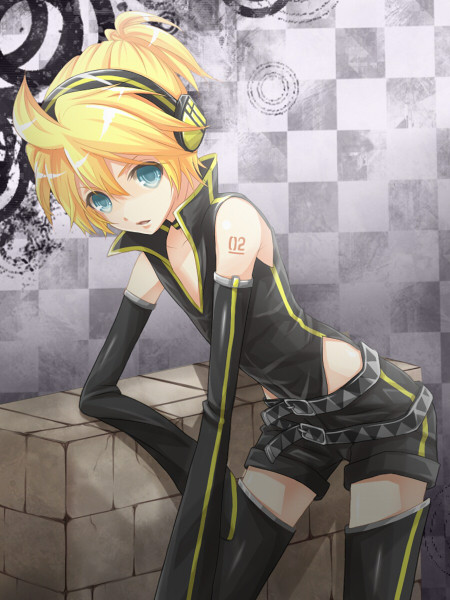 aqua_eyes, blonde_hair, detached_sleeves, headphones, kagamine_len, male, project_diva, project_diva_(series), project_diva_2nd, punkish_(module), reshika, shorts, solo, thigh-highs, thighhighs, vocaloid
