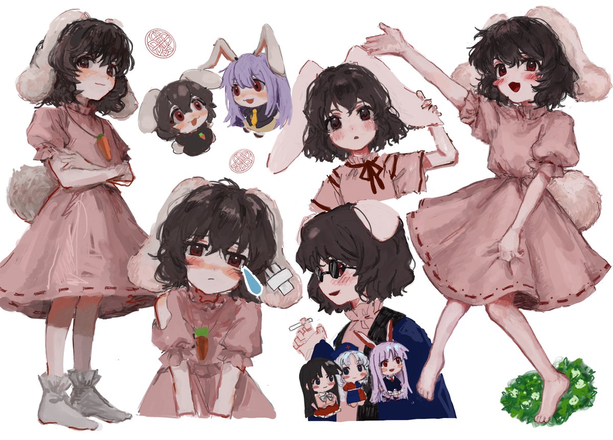 4girls, b_nosk101, bandaged_head, bandages, black_jacket, brown_eyes, brown_hair, carrot_necklace