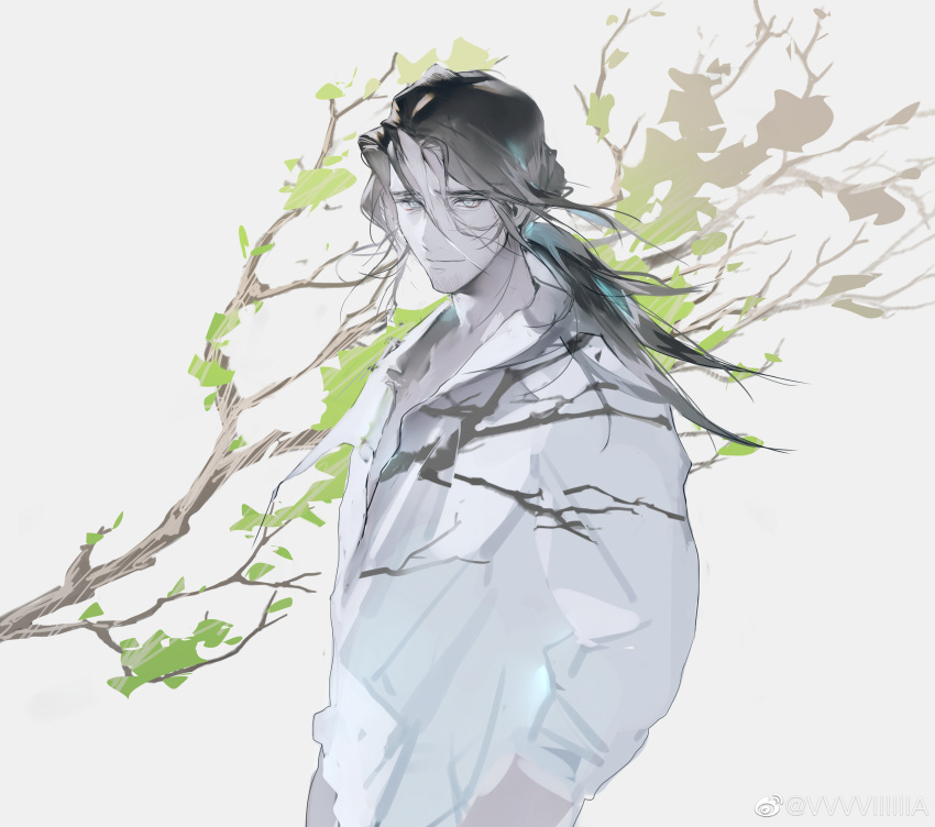 1boy, absurdres, arknights, bishounen, black_hair, branch, collared_shirt, hair_between_eyes