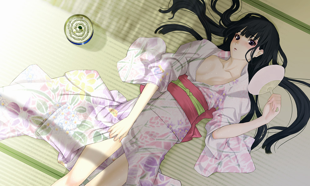 himecut, japanese_clothes, kimono, long_hair, lying, original, sakamoto_mineji, solo