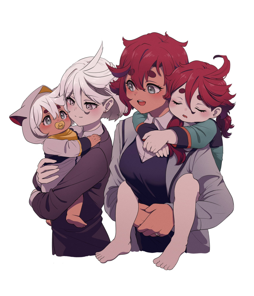 4girls, ahoge, animal_hood, asticassia_school_uniform, baby, barefoot, carrying, closed_eyes
