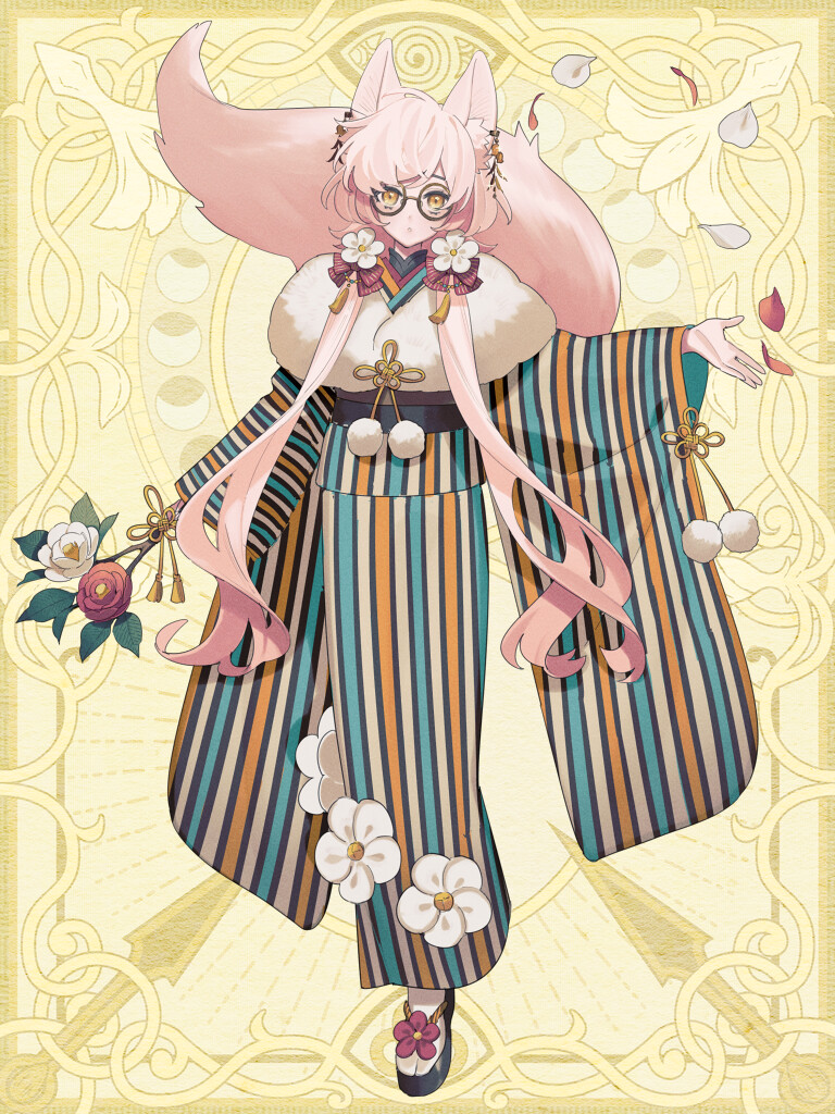 1girl, animal_ear_fluff, animal_ears, black-framed_eyewear, blonde_hair, chain_paradox, flower, fox_ears