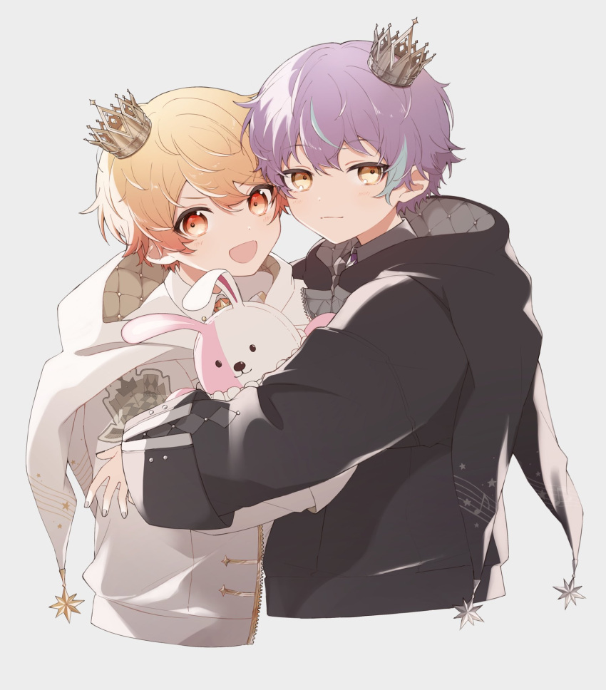 2boys, black_jacket, blonde_hair, crown, haruta26m2, highres, hood, hood_down