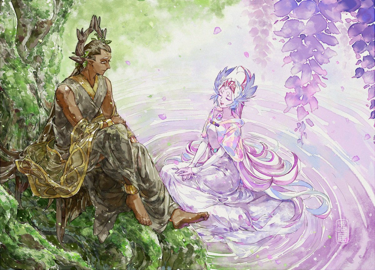 1boy, 1girl, :d, anklet, antlers, barefoot, black_hair, black_robe