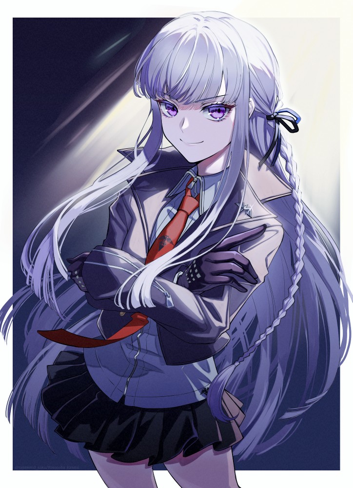 1girl, black_gloves, black_jacket, black_skirt, border, braid, brown_necktie, closed_mouth, collared_shirt, crossed_arms, danganronpa:_trigger_happy_havoc, danganronpa_(series), gloves, grey_hair, grey_shirt, jacket, kirigiri_kyoko, kusatakesi, long_sleeves, miniskirt, necktie, open_clothes, open_jacket, outside_border, pink_eyes, pleated_skirt, shirt, side_braid, single_braid, skirt, smile, solo, white_border, white_shirt