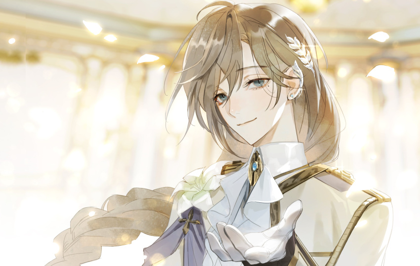 1boy, absurdres, aiguillette, ascot, ballroom, beckoning, blue_eyes, blurry, blurry_background, braid, brooch, brown_hair, closed_mouth, collared_shirt, corsage, ear_chain, earclip, earrings, flower, glint, gloves, gold_trim, hair_between_eyes, hair_ornament, highres, indoors, jacket, jewelry, kanae_(16th_costume)_(nijisanji), kanae_(nijisanji), lapels, leaf_hair_ornament, lily_(flower), long_hair, long_sleeves, looking_at_viewer, low-braided_long_hair, male_focus, mole, mole_under_eye, nijisanji, official_alternate_costume, rta, sash, shirt, shoulder_sash, single_braid, smile, solo, stud_earrings, upper_body, virtual_youtuber, white_ascot, white_flower, white_gloves, white_jacket, white_lily, white_shirt