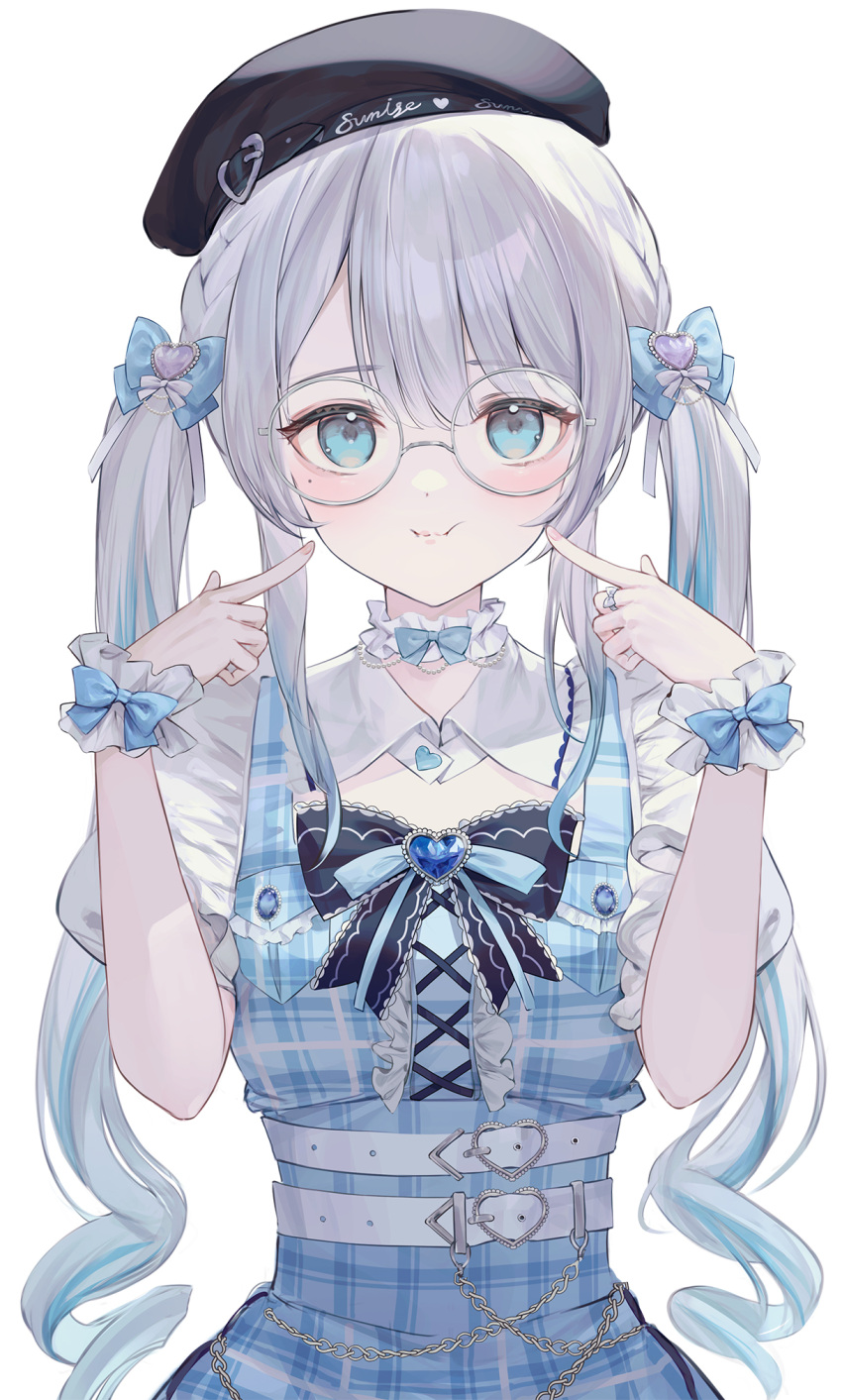 1girl, aqua_eyes, belt, belt_chain, black_bow, black_headwear, blue_bow, blue_dress