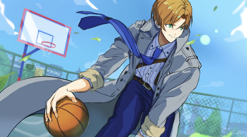 1boy, ball, basketball, basketball_(object), basketball_court, basketball_hoop, belt, blue_necktie, blue_pants, brown_belt, brown_hair, buddy_mission_bond, cashiko, clouds, coat, collared_shirt, cowboy_shot, day, green_eyes, grey_coat, highres, holding, holding_ball, leaning_forward, long_sleeves, looking_to_the_side, luke_(buddy_mission_bond), male_focus, necktie, open_clothes, open_coat, pants, parted_bangs, playing_sports, shirt, short_hair, sleeves_rolled_up, smile, solo, standing, striped, striped_shirt, sunlight, sweat, tie_clip, trench_coat, vertical-striped_shirt, vertical_stripes, white_shirt, wind