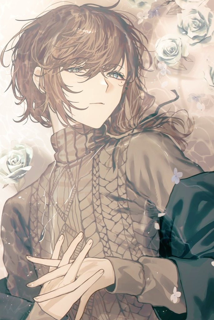 1boy, afloat, black_jacket, blue_eyes, brown_hair, caustics, closed_mouth, expressionless