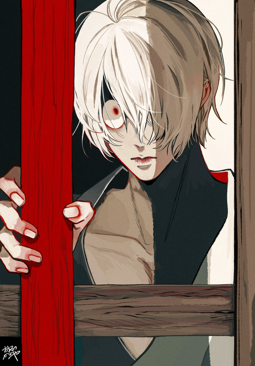 1boy, closed_mouth, collarbone, constricted_pupils, fingernails, gegege_no_kitarou, gegerou, grey_kimono, hair_over_one_eye, hand_up, highres, holding, japanese_clothes, kagoya1219, kimono, looking_at_viewer, male_focus, one_eye_covered, red_eyes, short_hair, signature, solo, upper_body, white_hair, wood