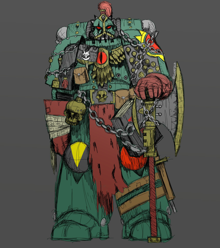 1boy, armor, armored_boots, bag, black_legion, book, boots, breastplate, chain, commentary, commission, couter, cuirass, english_commentary, eye_of_horus_(warhammer), full_armor, gauntlets, greaves, green_armor, grimoire, gushfield, halberd, hand_on_weapon, helm, helmet, highres, leg_armor, original, pauldrons, pelvic_curtain, plume, pocket, polearm, poleyn, power_armor, red_eyes, rerebrace, satchel, shoulder_armor, skull, solo, straight-on, torn_clothes, warhammer_40k, weapon, wolf