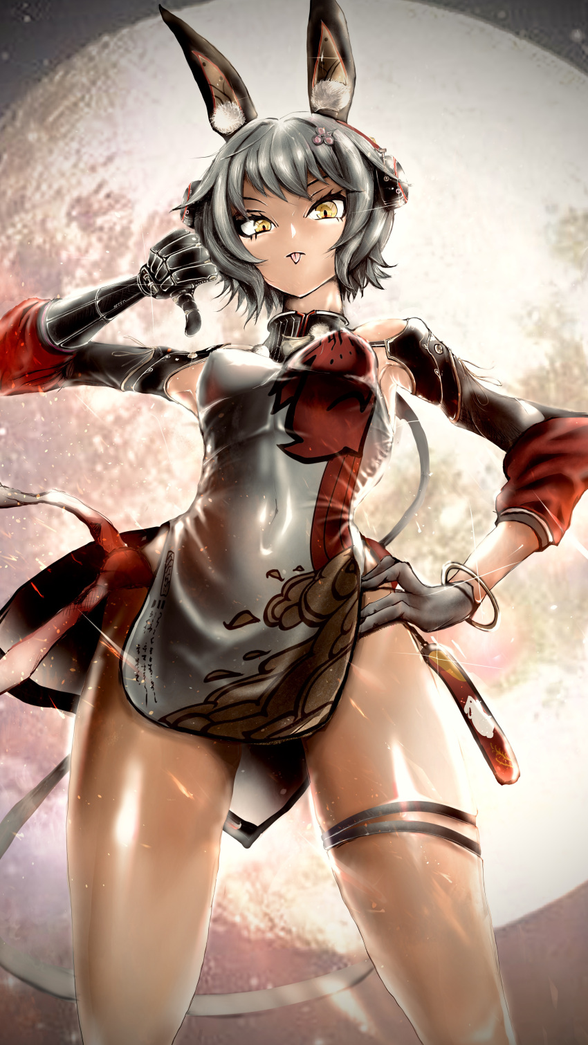 1girl, absurdres, animal_ear_fluff, animal_ears, bare_legs, bracelet, china_dress, chinese_clothes