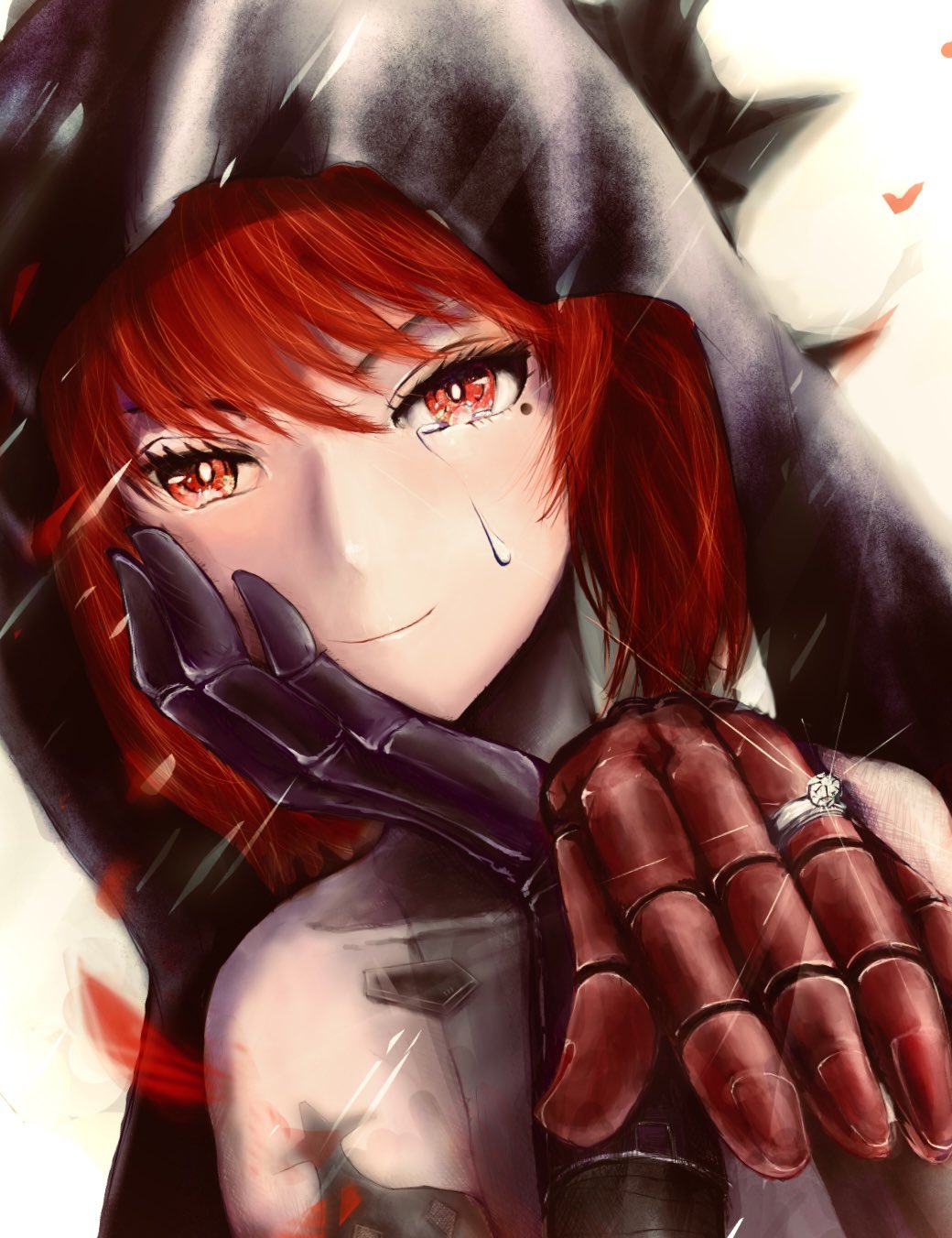 1girl, black_veil, hand_on_own_face, highres, jewelry, long_hair, looking_at_viewer, mechanical_arms