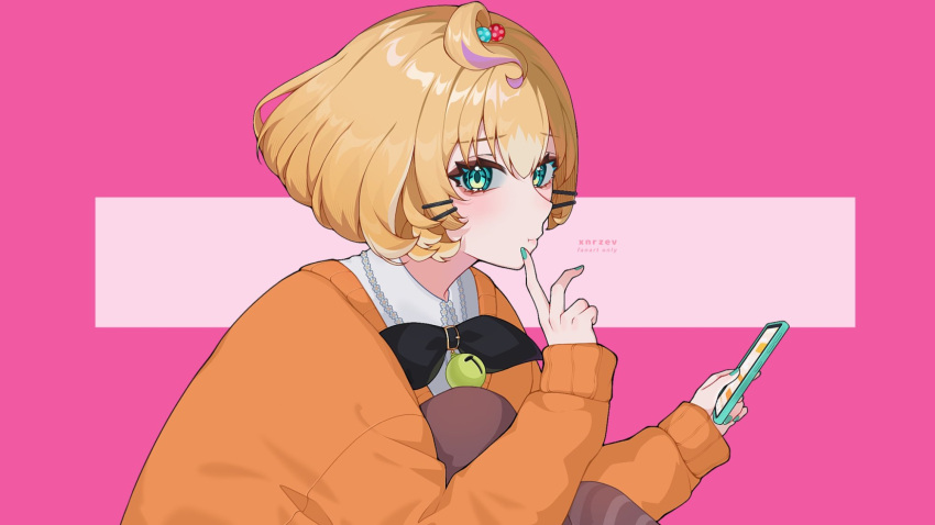 1girl, ahoge, aqua_eyes, blonde_hair, blue_nails, cardigan, cellphone, highres, holding, holding_phone, millie_parfait, millie_parfait_(1st_costume), nijisanji, nijisanji_en, orange_cardigan, phone, ser_(xnrzev), short_hair, smartphone, solo, virtual_youtuber