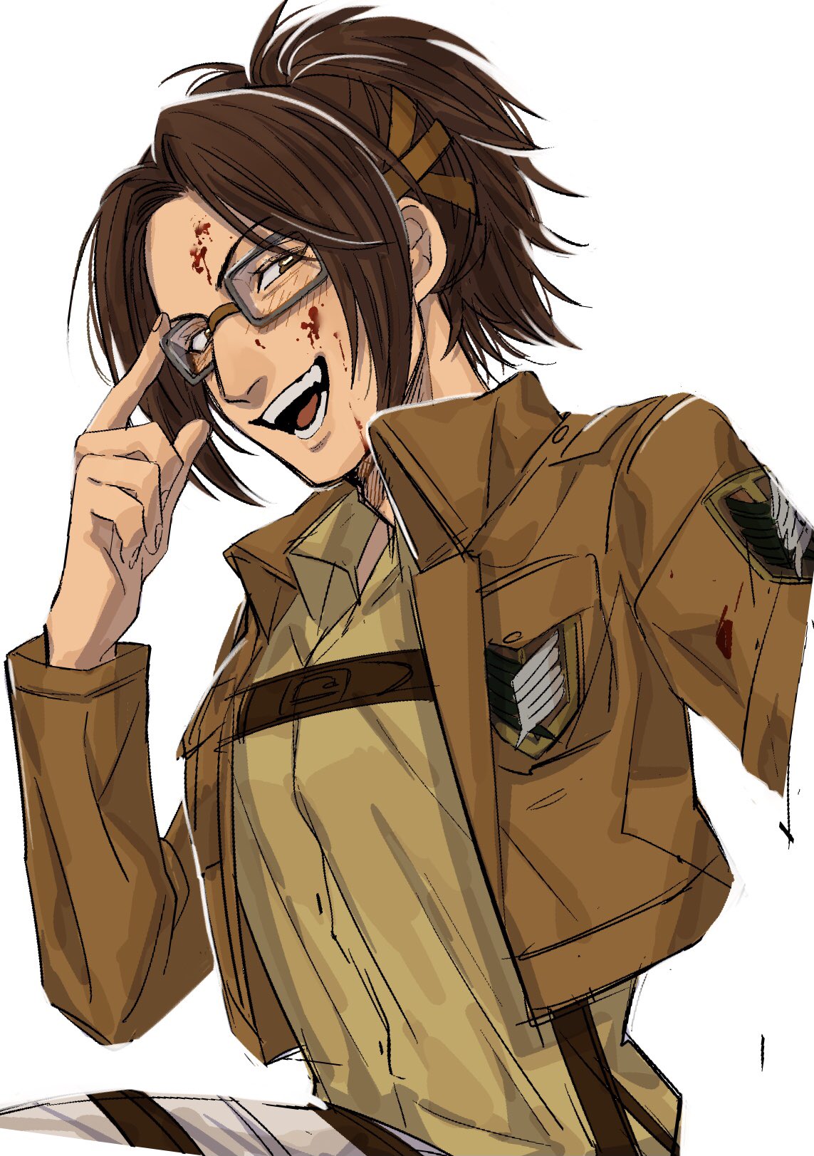 1other, :d, adjusting_eyewear, blood, blood_on_face, brown_eyes, brown_hair, brown_jacket