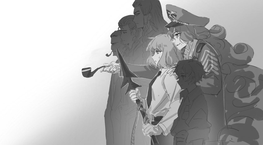 3boys, 3girls, aged_down, ahab_(project_moon), coat, greyscale, harpoon, hat