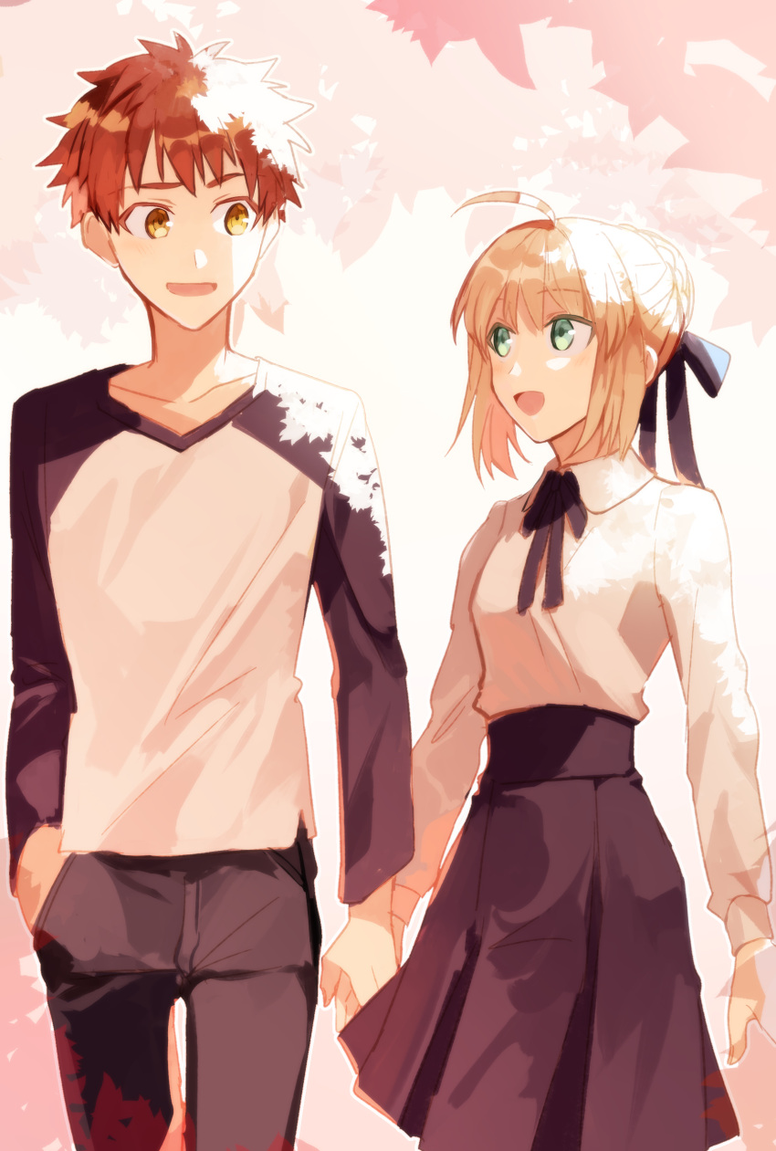 1boy, 1girl, absurdres, ahoge, artoria_pendragon_(fate), blonde_hair, blue_bow, blue_skirt
