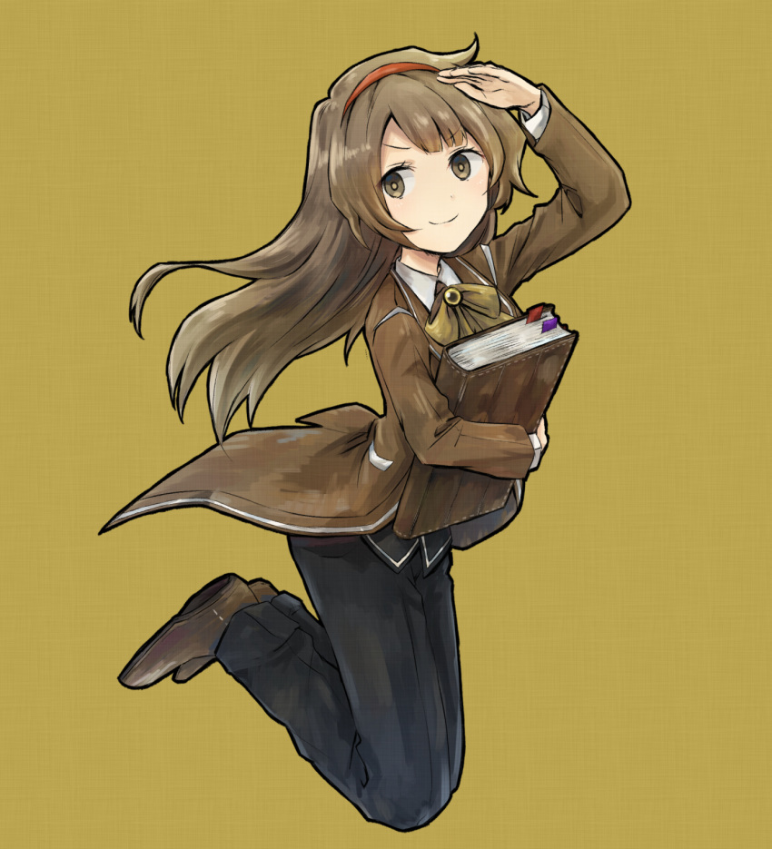 1girl, arm_up, book, bow, bowtie, brown_coat, brown_hair, coat